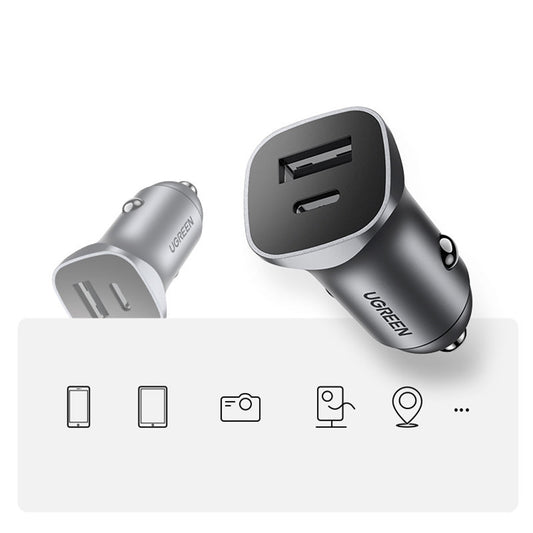 Chargeur de voiture UGREEN CD130, 24W, 3A, 1 x USB-A - 1 x USB-C, Gris