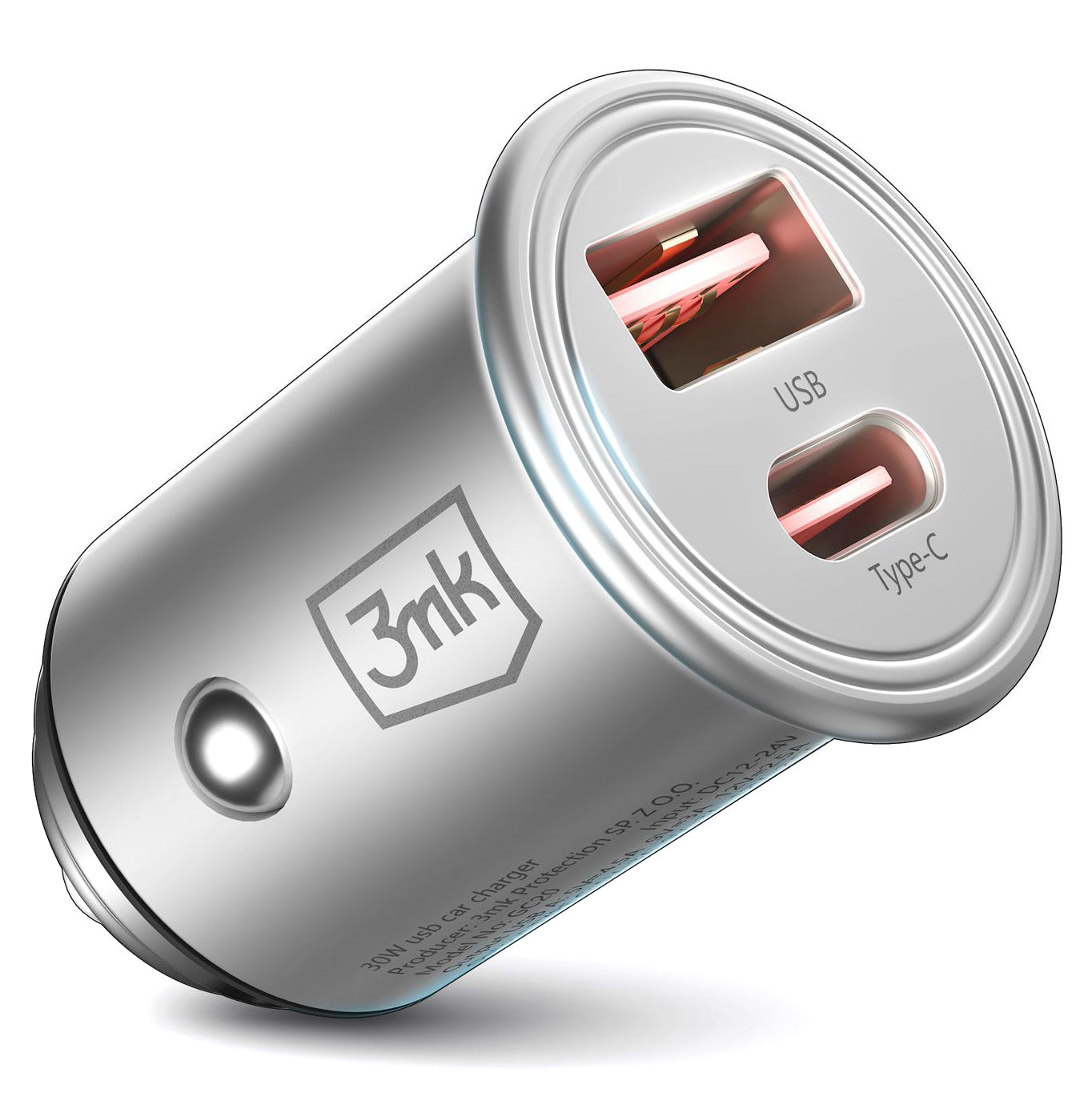 Chargeur de voiture 3MK HyperCharger, 30W, 5A, 1 x USB-A - 1 x USB-C, Argent