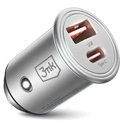 Chargeur de voiture 3MK HyperCharger, 30W, 5A, 1 x USB-A - 1 x USB-C, Argent