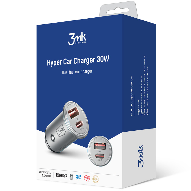 Chargeur de voiture 3MK HyperCharger, 30W, 5A, 1 x USB-A - 1 x USB-C, Argent