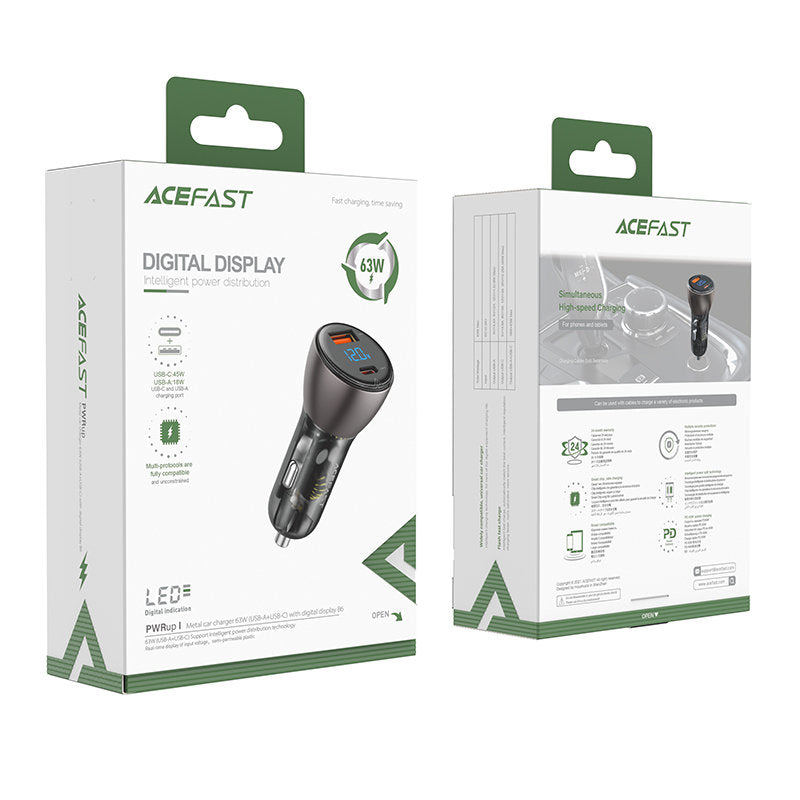 Chargeur Auto Acefast B6, 63W, 3.6A, 1 x USB-A - 1 x USB-C, Noir