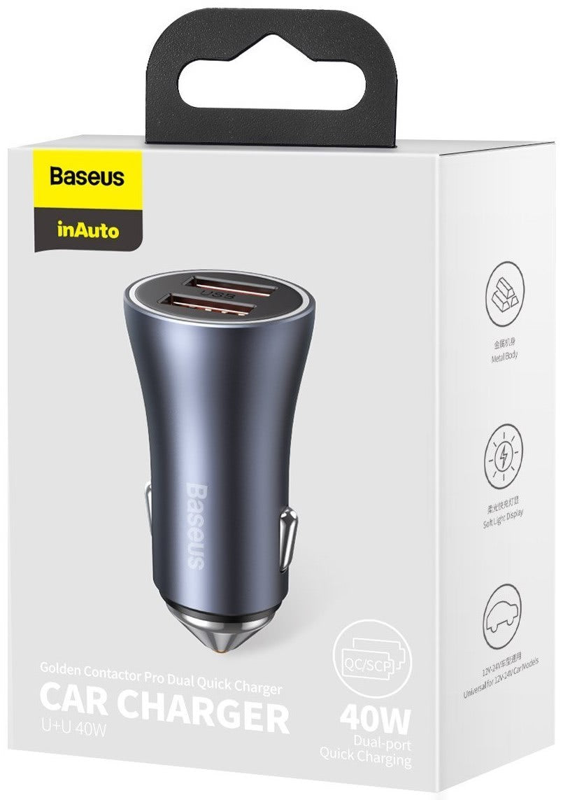 Chargeur de voiture Baseus Golden Contactor Pro Dual, 40W, 3A, 2 x USB-A, Gris CCJD-A0G