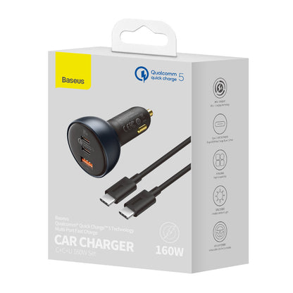 Autolader met USB-C kabel Baseus Qualcomm, 160W, 3A, 1 x USB-A - 2 x USB-C, Grijs TZCCZZM-0G