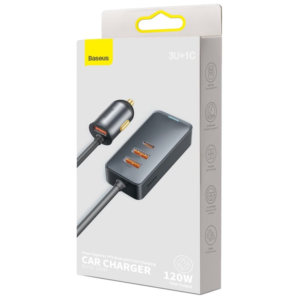 Baseus Share Together Autolader, 120W, 3A, 3 x USB-A - 1 x USB-C, Grijs CCBT-B0G