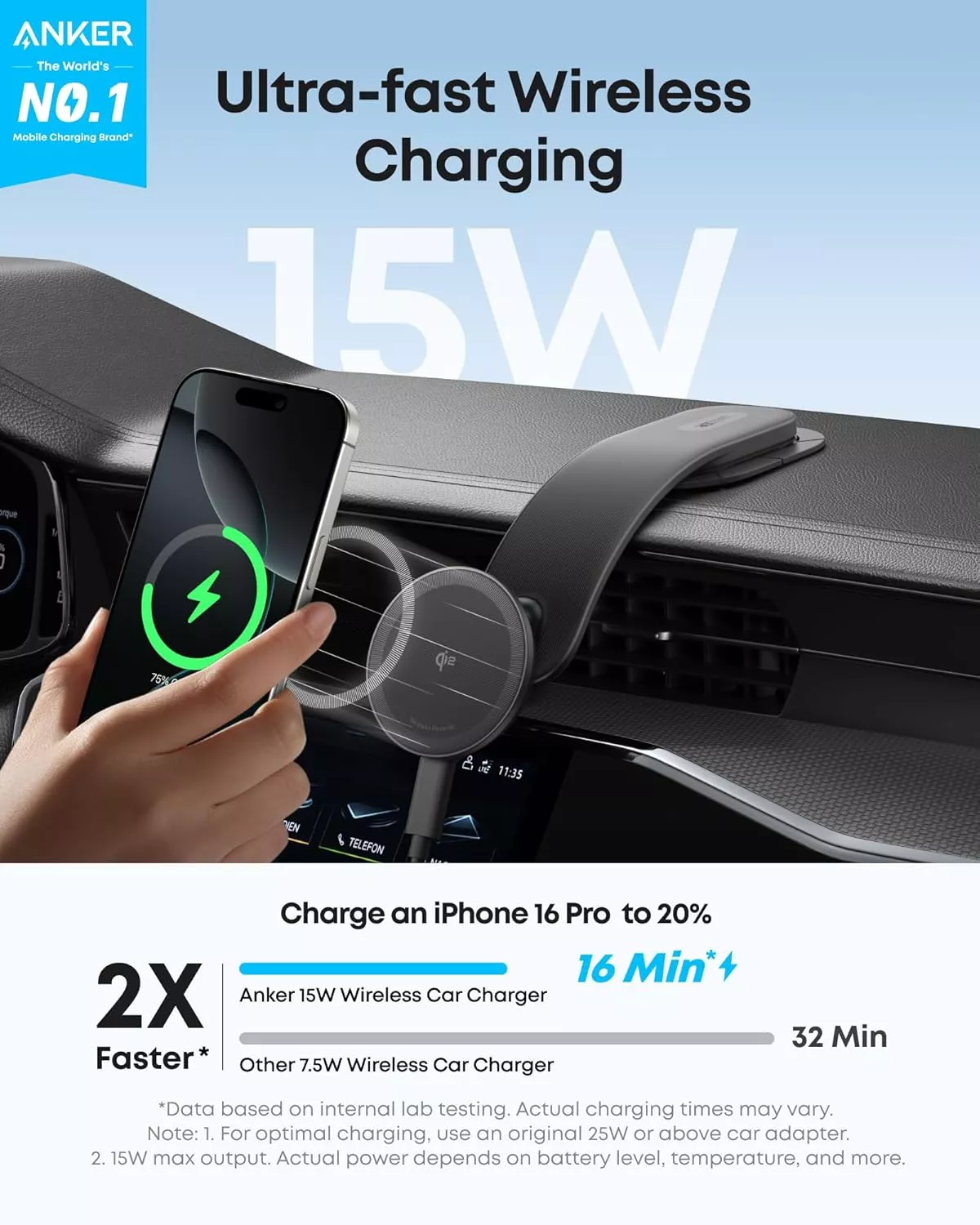 Chargeur Voiture Sans Fil Anker Nano, 15W, 1.67A, Noir B2216H11