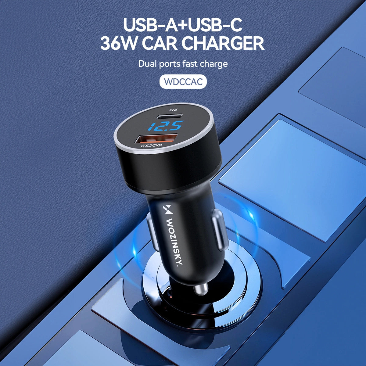 Autolader WZK WDCCAC, 36W, 3A, 1 x USB-A - 1 x USB-C, Zwart 