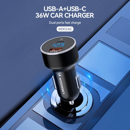 Autolader WZK WDCCAC, 36W, 3A, 1 x USB-A - 1 x USB-C, Zwart 