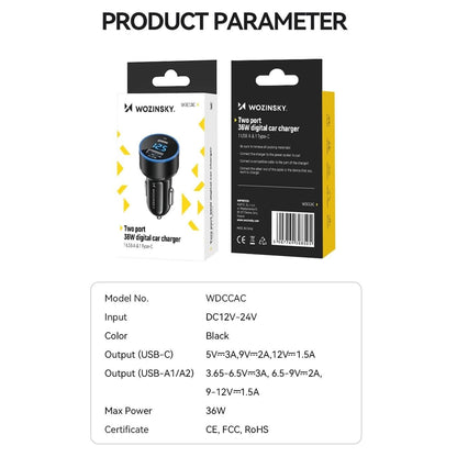 Autolader WZK WDCCAC, 36W, 3A, 1 x USB-A - 1 x USB-C, Zwart 