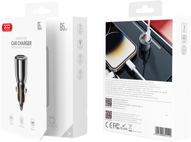 Auto-Ladegerät XO Design CC58, 95W, 3.25A, 1 x USB-A - 1 x USB-C, Schwarz