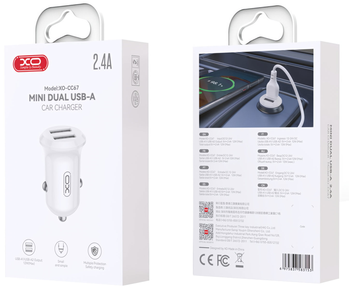 Chargeur de voiture XO Design CC67, 12W, 2.4A, 2 x USB-A, Blanc