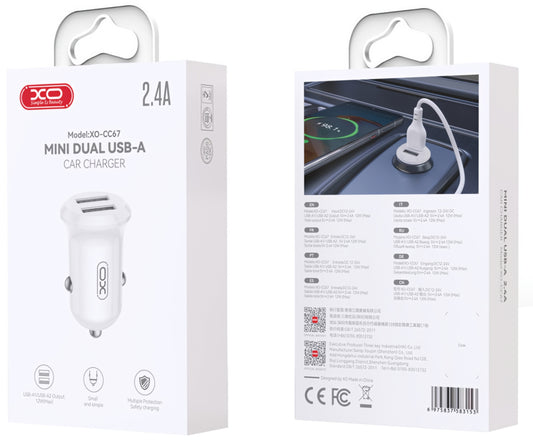 Chargeur de voiture XO Design CC67, 12W, 2.4A, 2 x USB-A, Blanc