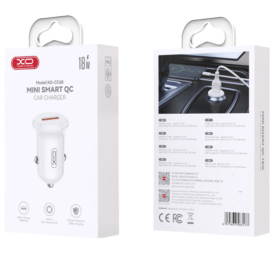 Chargeur de voiture XO Design CC68, 18W, 3A, 1 x USB-A, Blanc
