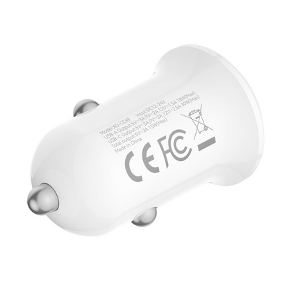 Chargeur de voiture XO Design CC69, 30W, 3A, 1 x USB-A - 1 x USB-C, Blanc