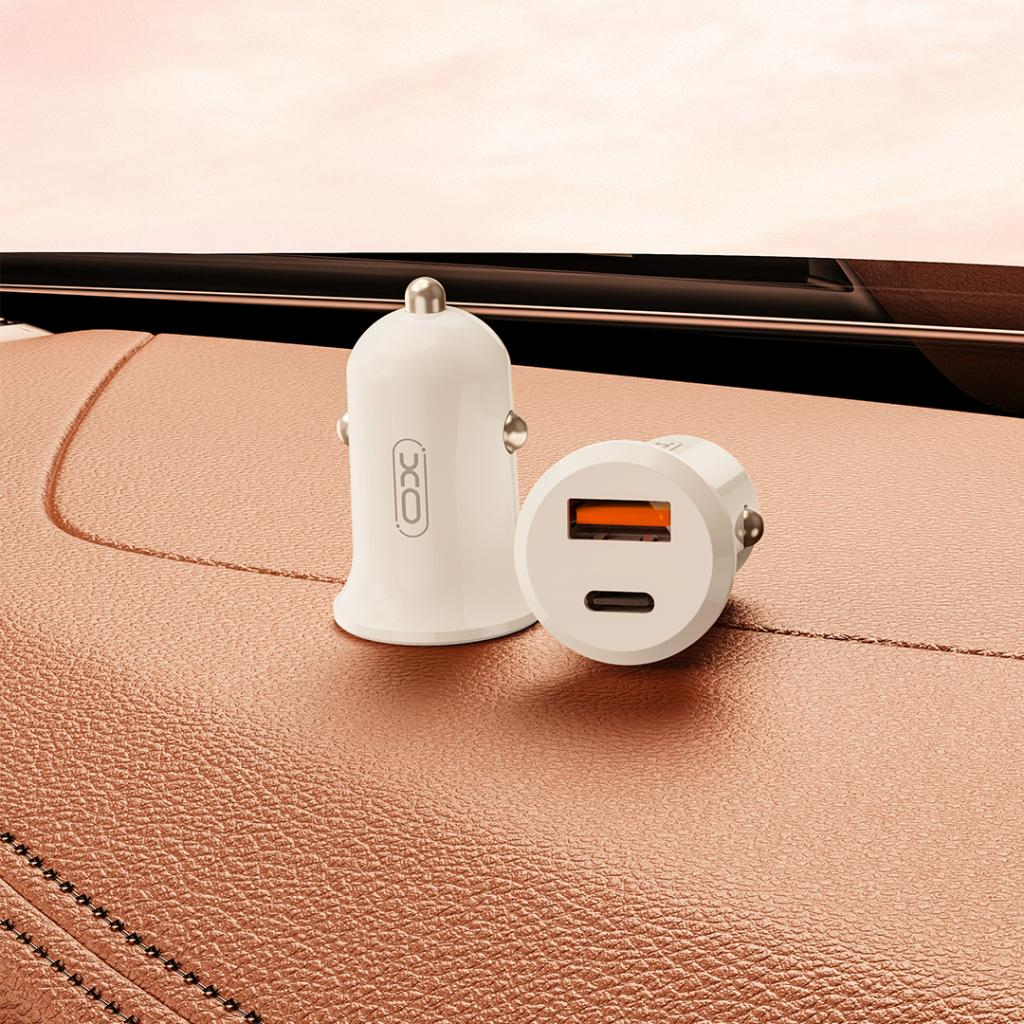Chargeur de voiture XO Design CC69, 30W, 3A, 1 x USB-A - 1 x USB-C, Blanc