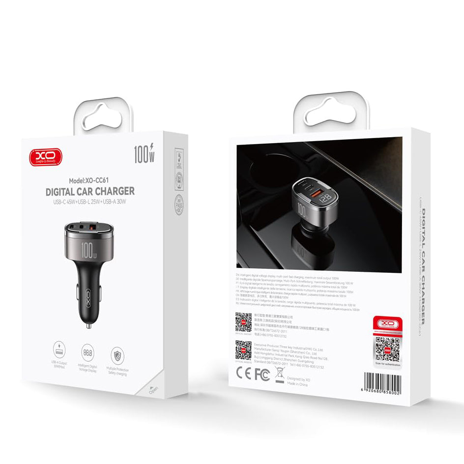 Auto-Ladegerät XO Design CC61, 100W, 3A, 1 x Lightning - 1 x USB-A - 1 x USB-C, Grau