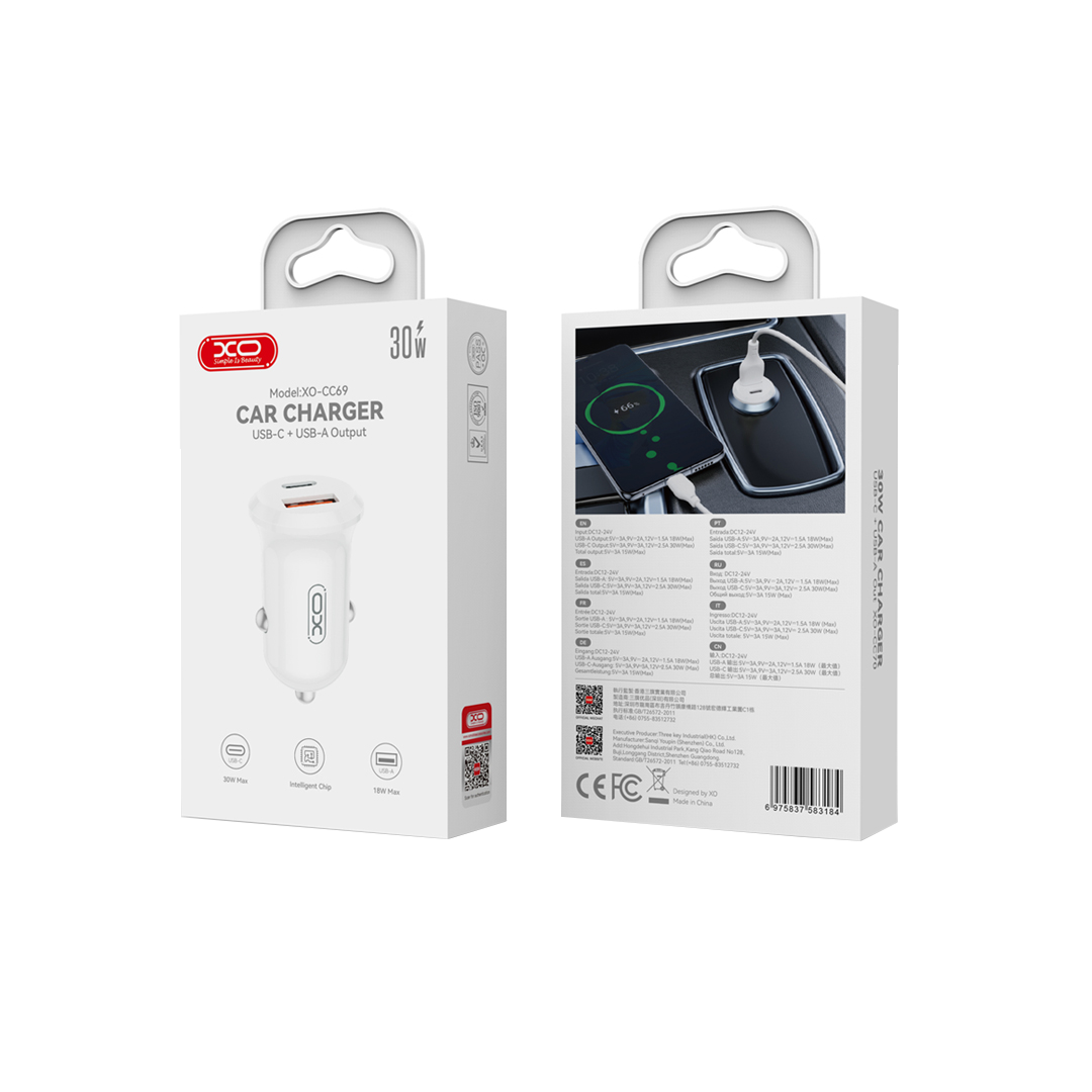 Chargeur de voiture XO Design CC69, 30W, 3A, 1 x USB-A - 1 x USB-C, Blanc