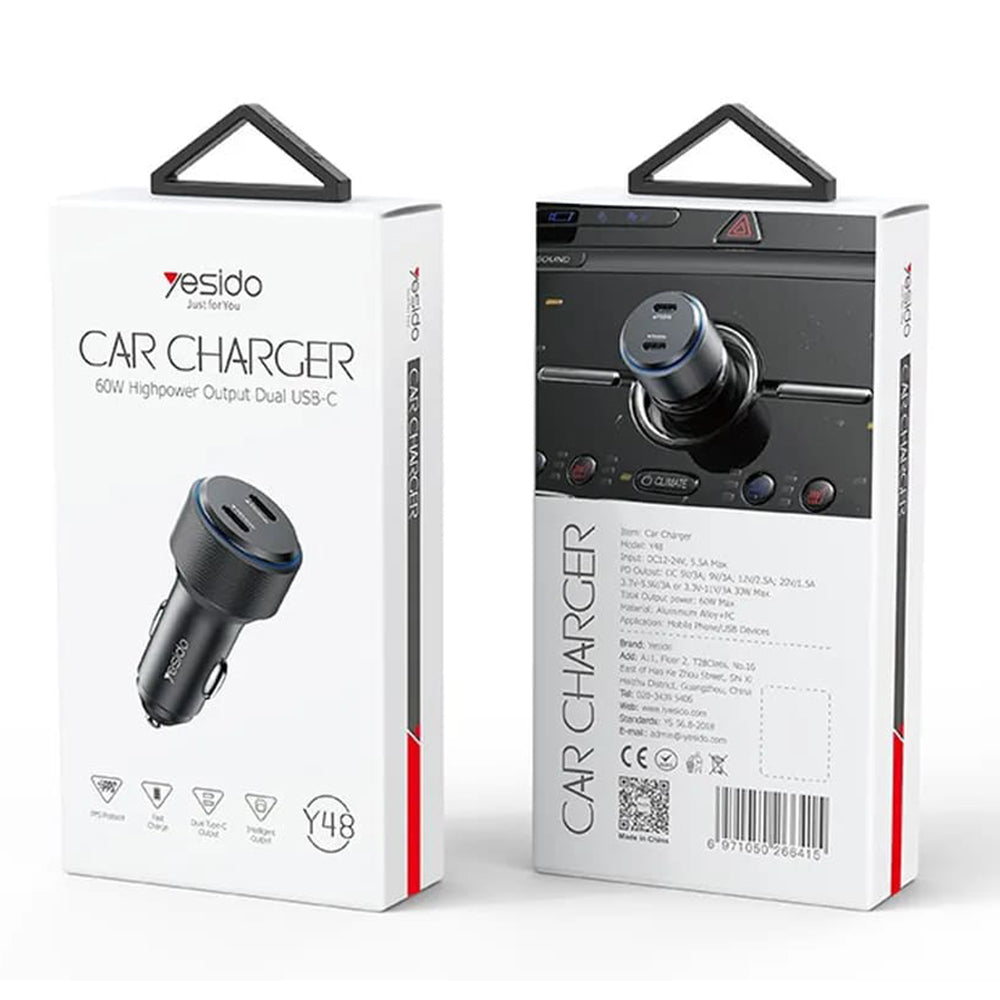 Autolader Yesido Y48, 60W, 3A, 2 x USB-C, Zwart