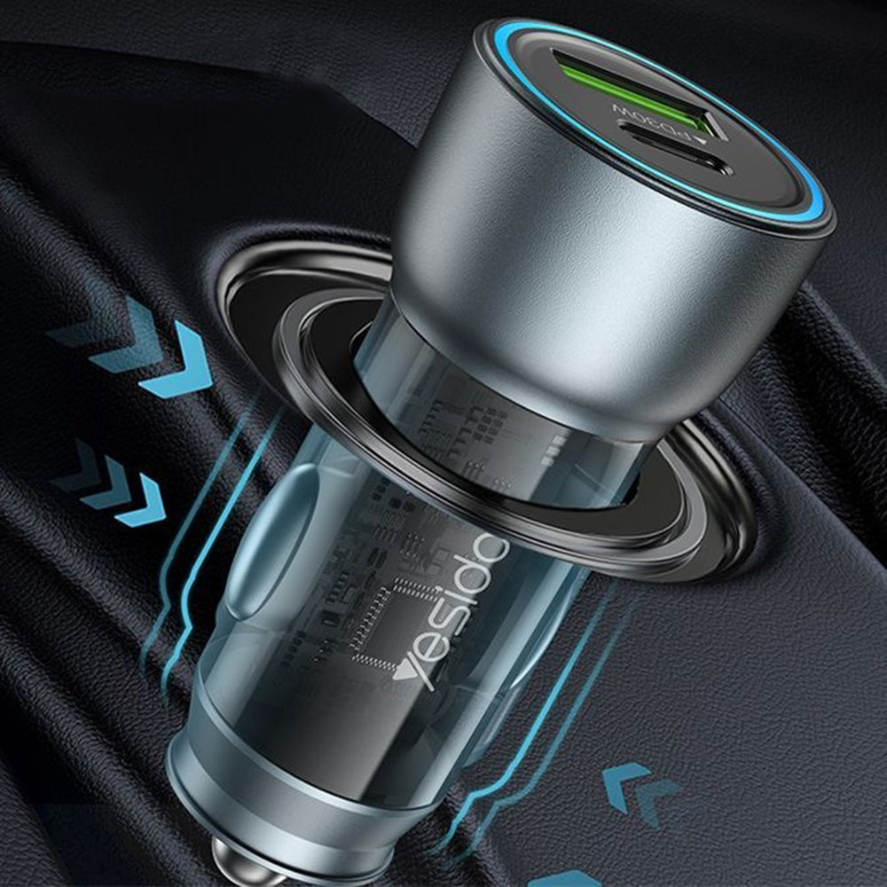 Chargeur de voiture Yesido Y49, 30W, 3A, 1 x USB-A - 1 x USB-C, Gris