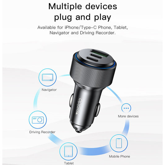 Auto-Ladegerät Yesido Y50, 60W, 3A, 1 x USB-A - 2 x USB-C, Schwarz