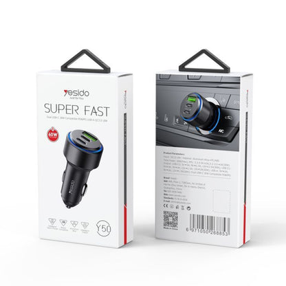 Auto-Ladegerät Yesido Y50, 60W, 3A, 1 x USB-A - 2 x USB-C, Schwarz