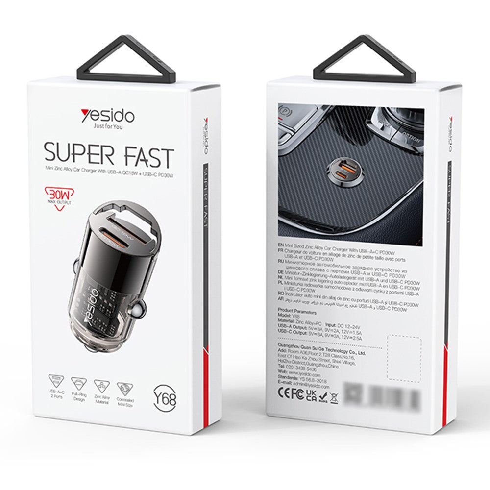 Auto-Ladegerät Yesido Y68, 30W, 3A, 1 x USB-A - 1 x USB-C, Schwarz
