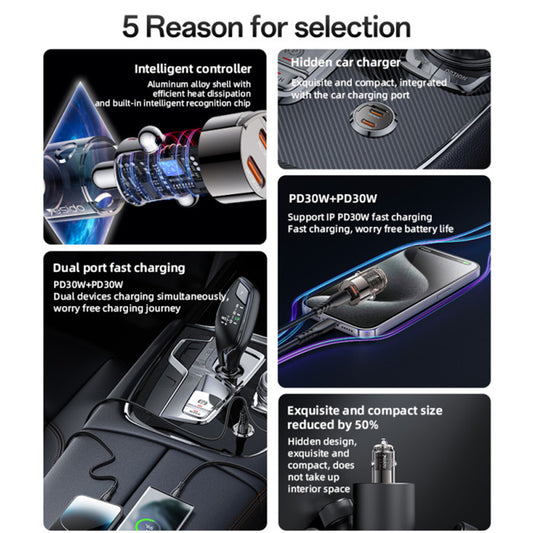 Chargeur de voiture Yesido Y69, 30W, 3A, 2 x USB-C, Noir