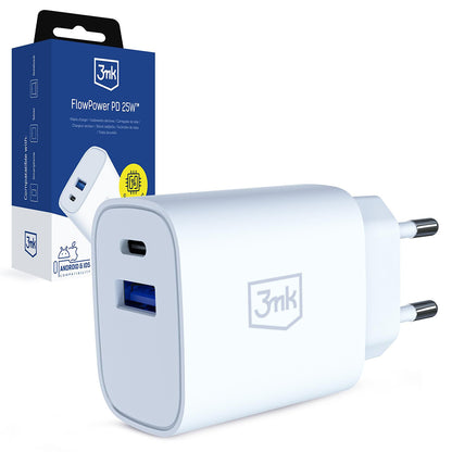 3MK FlowPower Netlader, 25W, 1 x USB-A - 1 x USB-C, Wit