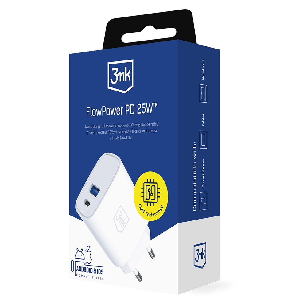3MK FlowPower Netlader, 25W, 1 x USB-A - 1 x USB-C, Wit