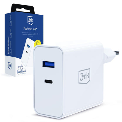 Netlader 3MK FlowPower, 45W, 1 x USB-A - 1 x USB-C, Wit