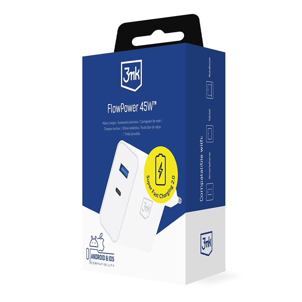 Netlader 3MK FlowPower, 45W, 1 x USB-A - 1 x USB-C, Wit