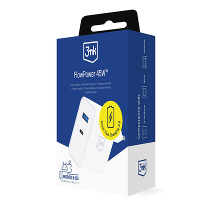 Netlader 3MK FlowPower, 45W, 1 x USB-A - 1 x USB-C, Wit