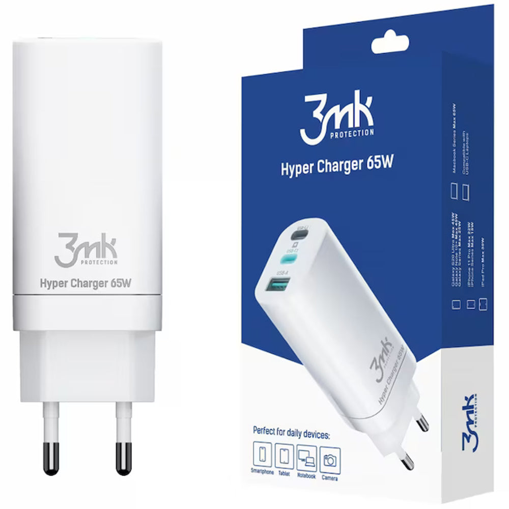 Netlader 3MK HyperCharger, 65W, 5A, 1 x USB-A - 2 x USB-C, Wit
