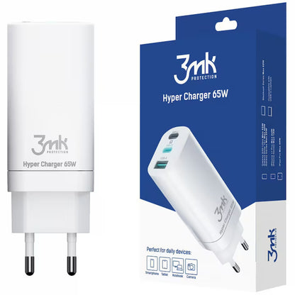 Netlader 3MK HyperCharger, 65W, 5A, 1 x USB-A - 2 x USB-C, Wit