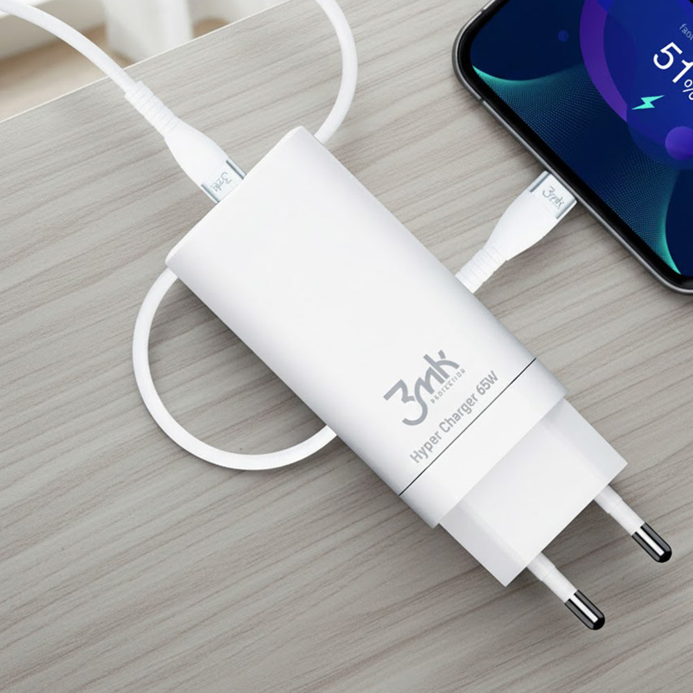 Netlader 3MK HyperCharger, 65W, 5A, 1 x USB-A - 2 x USB-C, Wit