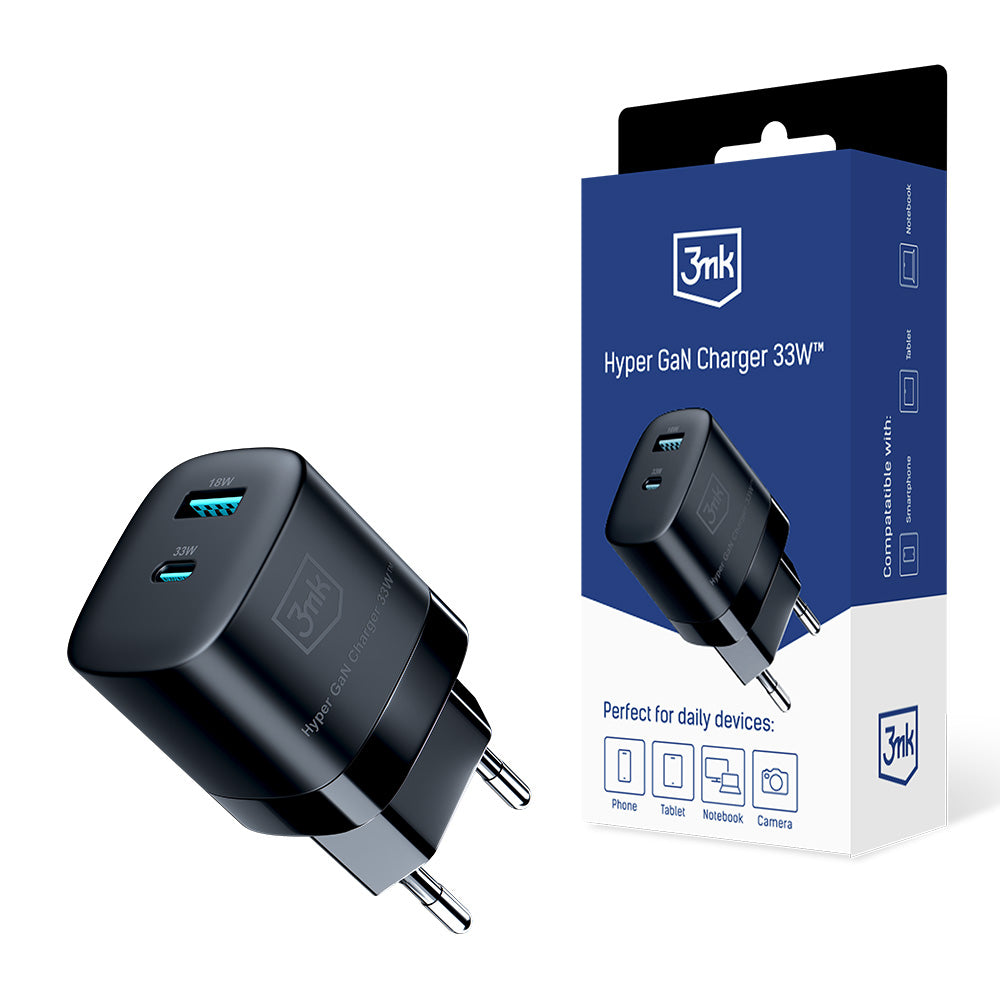 Netwerkoplader 3MK HyperCharger GaN, 33W, 3A, 1 x USB-A - 1 x USB-C, Zwart 