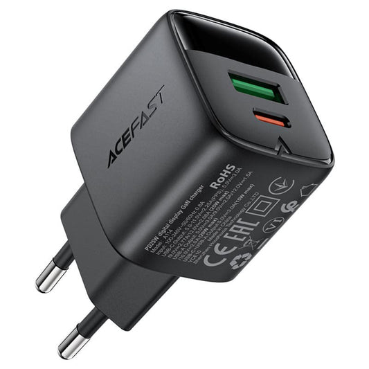 Acefast A114 Display Netzladegerät, 25W, 3A, 1 x USB-A - 1 x USB-C, Schwarz