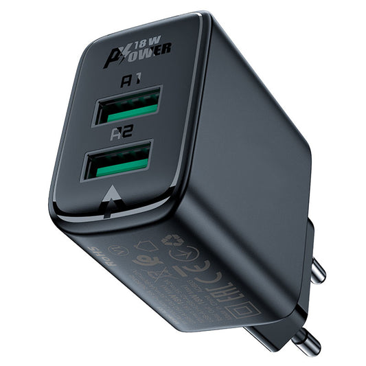 Netzladegerät Acefast A33, 18W, 3A, 2 x USB-A, Schwarz