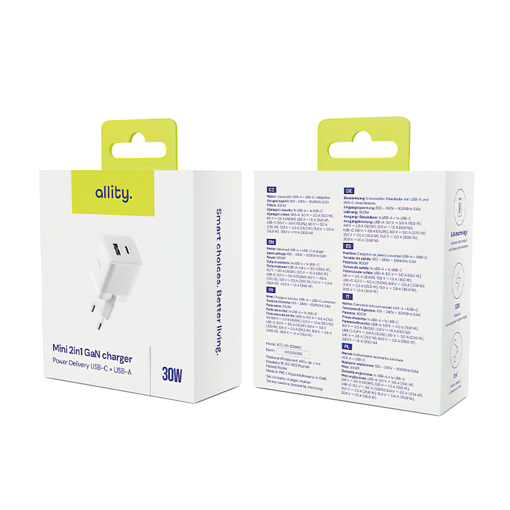 Allity Netwerkoplader. ATC-01-30WAC Mini, 30W, 3A, 1 x USB-A - 1 x USB-C, Wit