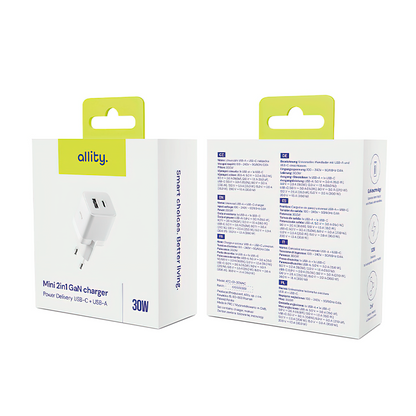 Allity Netwerkoplader. ATC-01-30WAC Mini, 30W, 3A, 1 x USB-A - 1 x USB-C, Wit