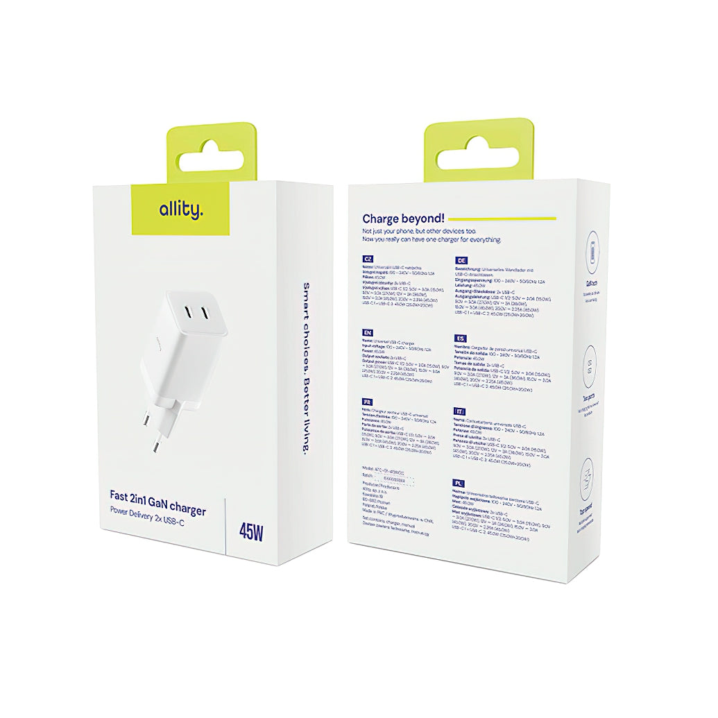 Allity Netwerkoplader. ATC-01-45WCC Fast, 45W, 3A, 2 x USB-C, Wit
