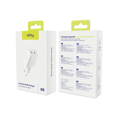 Allity Netwerkoplader. ATC-01-45WCC Fast, 45W, 3A, 2 x USB-C, Wit