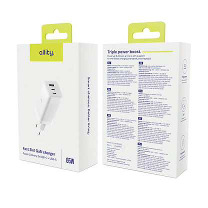 Allity Netwerkoplader. ATC-01-65WACC Fast, 65W, 3.25A, 1 x USB-A - 2 x USB-C, Wit