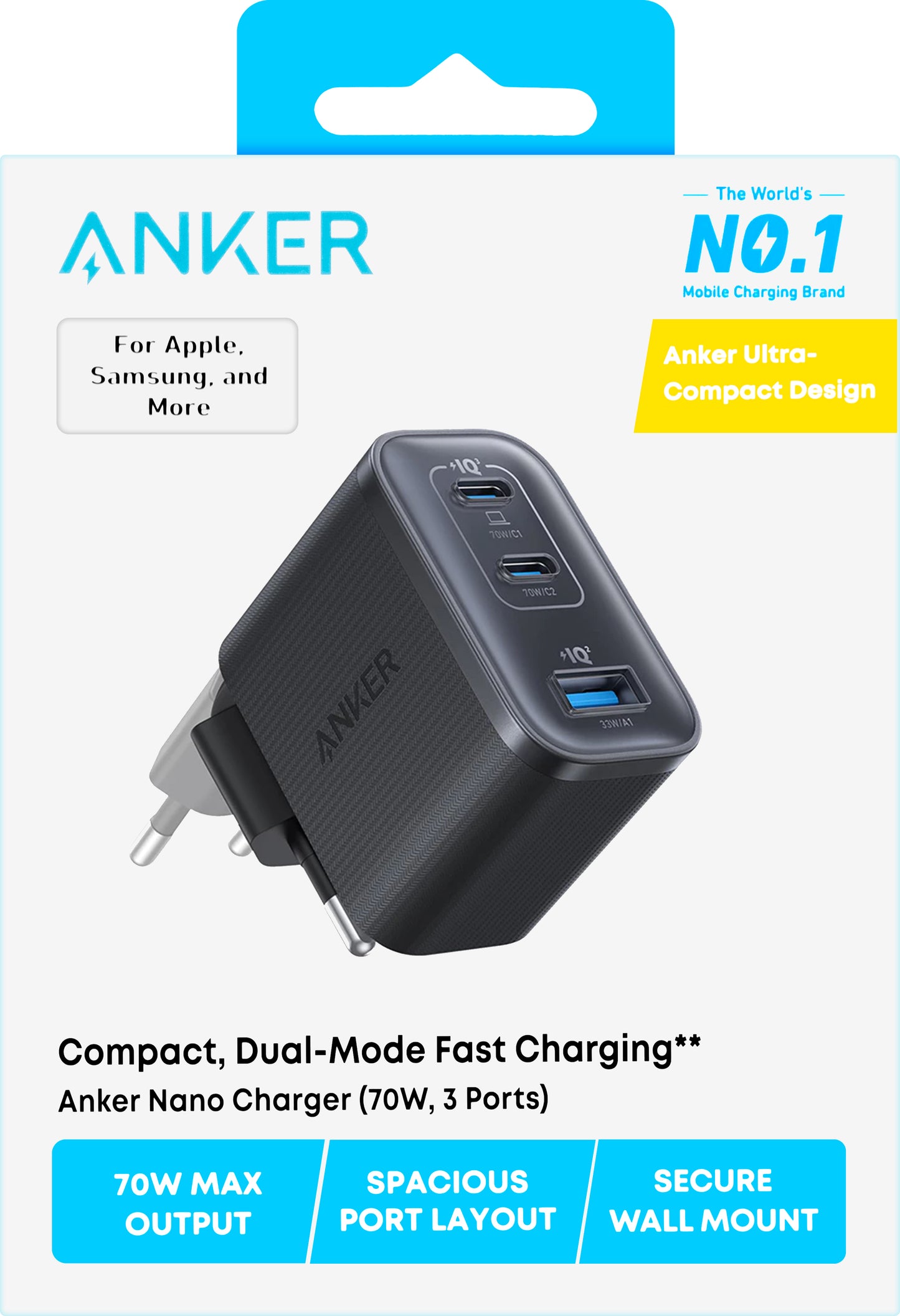 Anker Nano Netwerkoplader, 70W, 3.5A, 1 x USB-A - 2 x USB-C, Zwart A121AL11