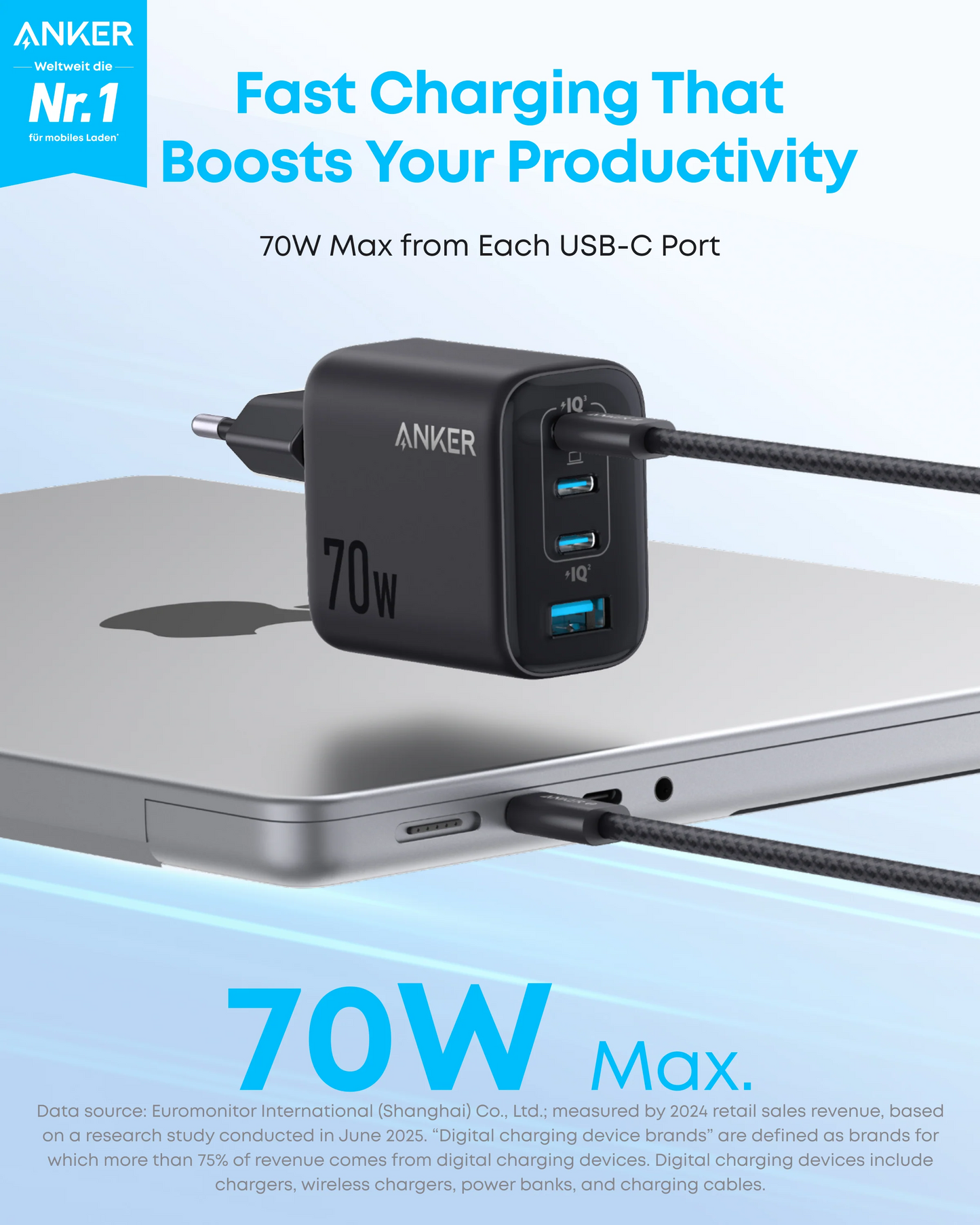 Anker Zolo Netwerkoplader, 70W, 3.5A, 1 x USB-A - 3 x USB-C, Zwart A121CG11