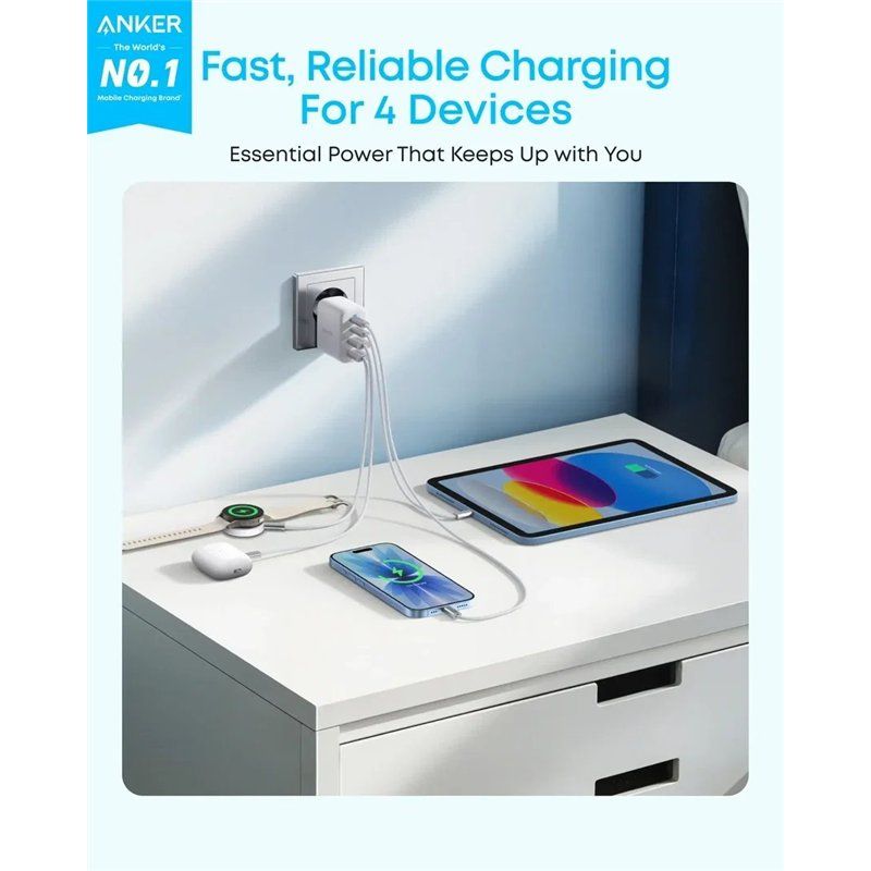 Anker Zolo Netlader, 50W, 3A, 2 x USB-A - 2 x USB-C, Wit A121EG21