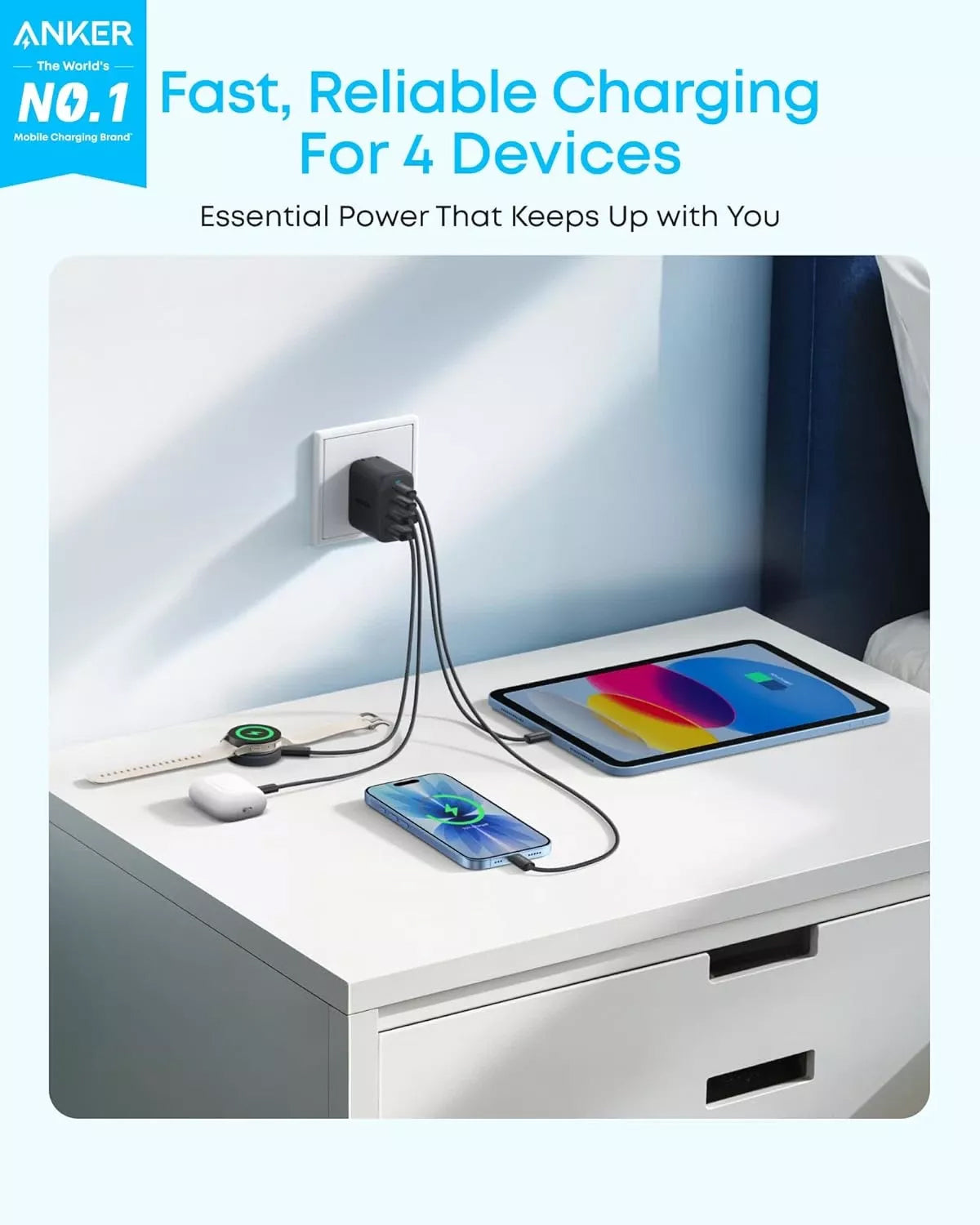 Anker Zolo Netzladegerät, 50W, 3A, 2 x USB-A - 2 x USB-C, Schwarz A121EG11