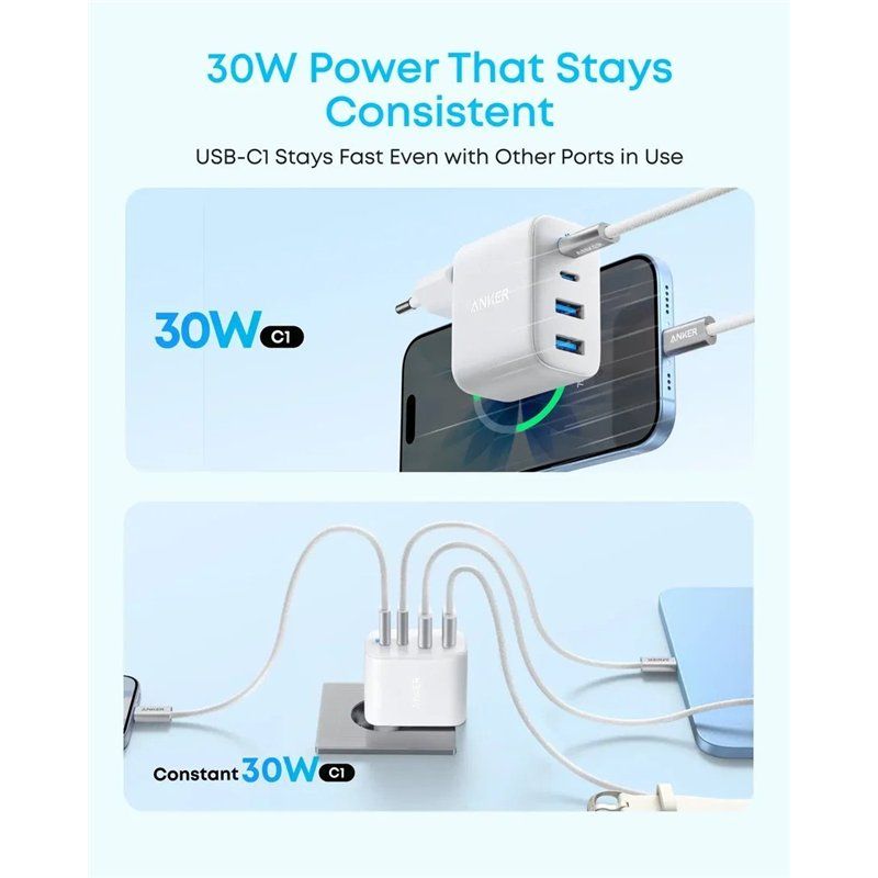 Anker Zolo Netlader, 50W, 3A, 2 x USB-A - 2 x USB-C, Wit A121EG21