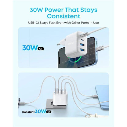 Anker Zolo Netlader, 50W, 3A, 2 x USB-A - 2 x USB-C, Wit A121EG21
