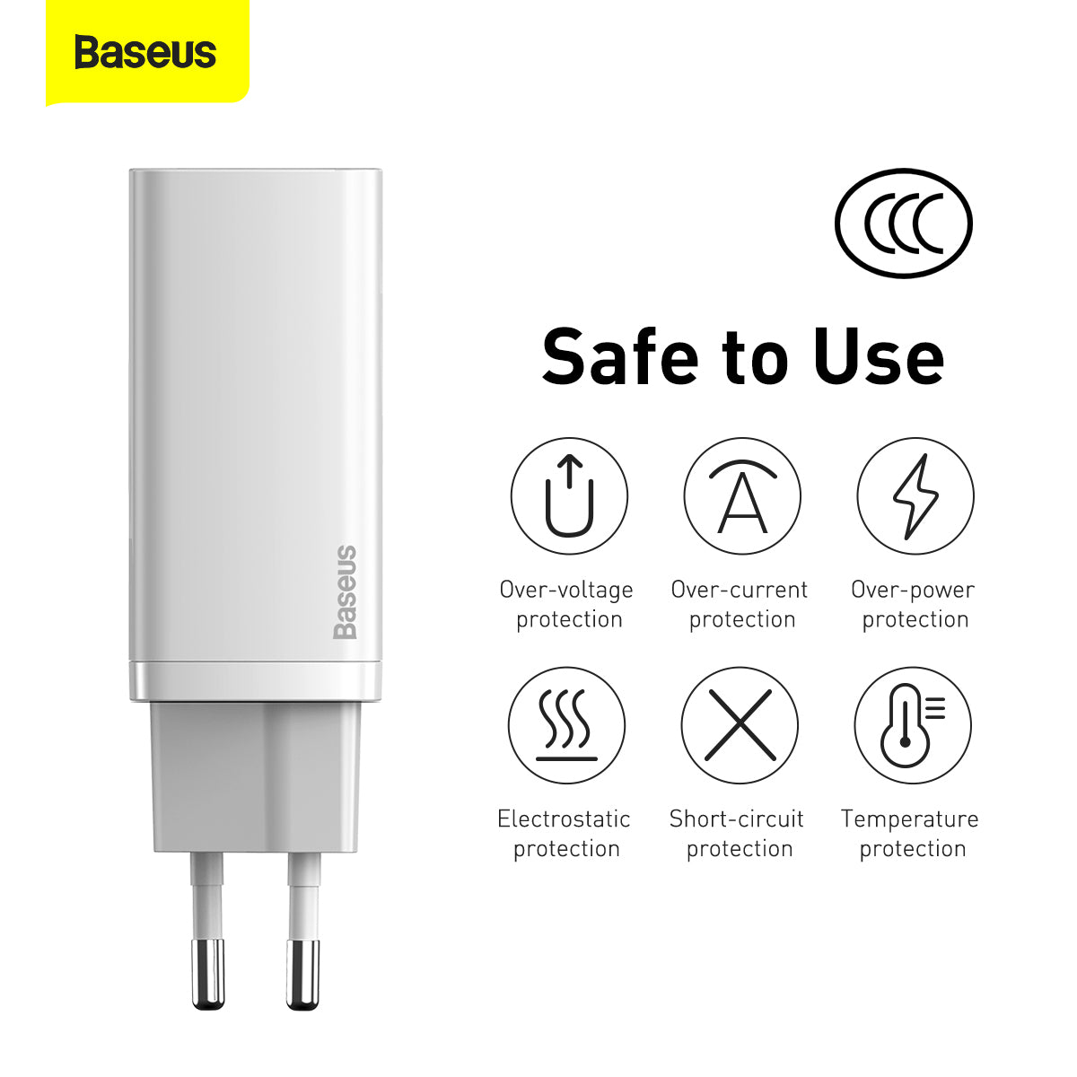 Netwerkoplader Baseus GaN2 Lite, 65W, 3A, 1 x USB-A - 1 x USB-C, Wit CCGAN2L-B02 