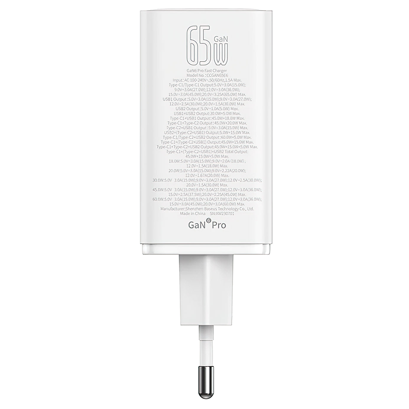 Chargeur réseau Baseus GaN6 Pro, 65W, 3.25A, 2 x USB-A - 2 x USB-C, blanc 